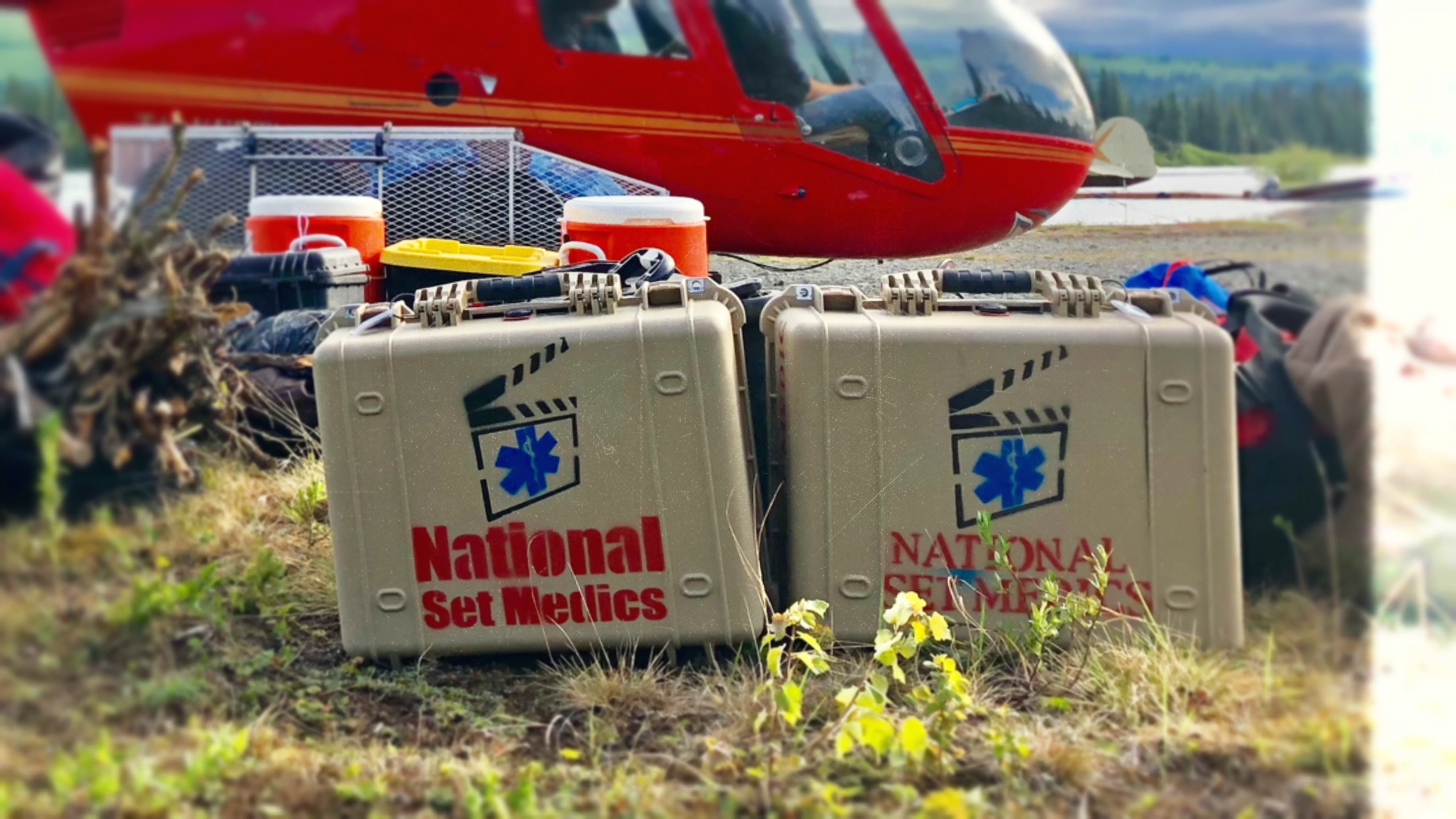 National Set Medics — cases and helicopter on set
